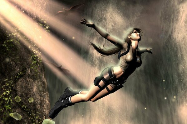 Computer Lara Croft in flight