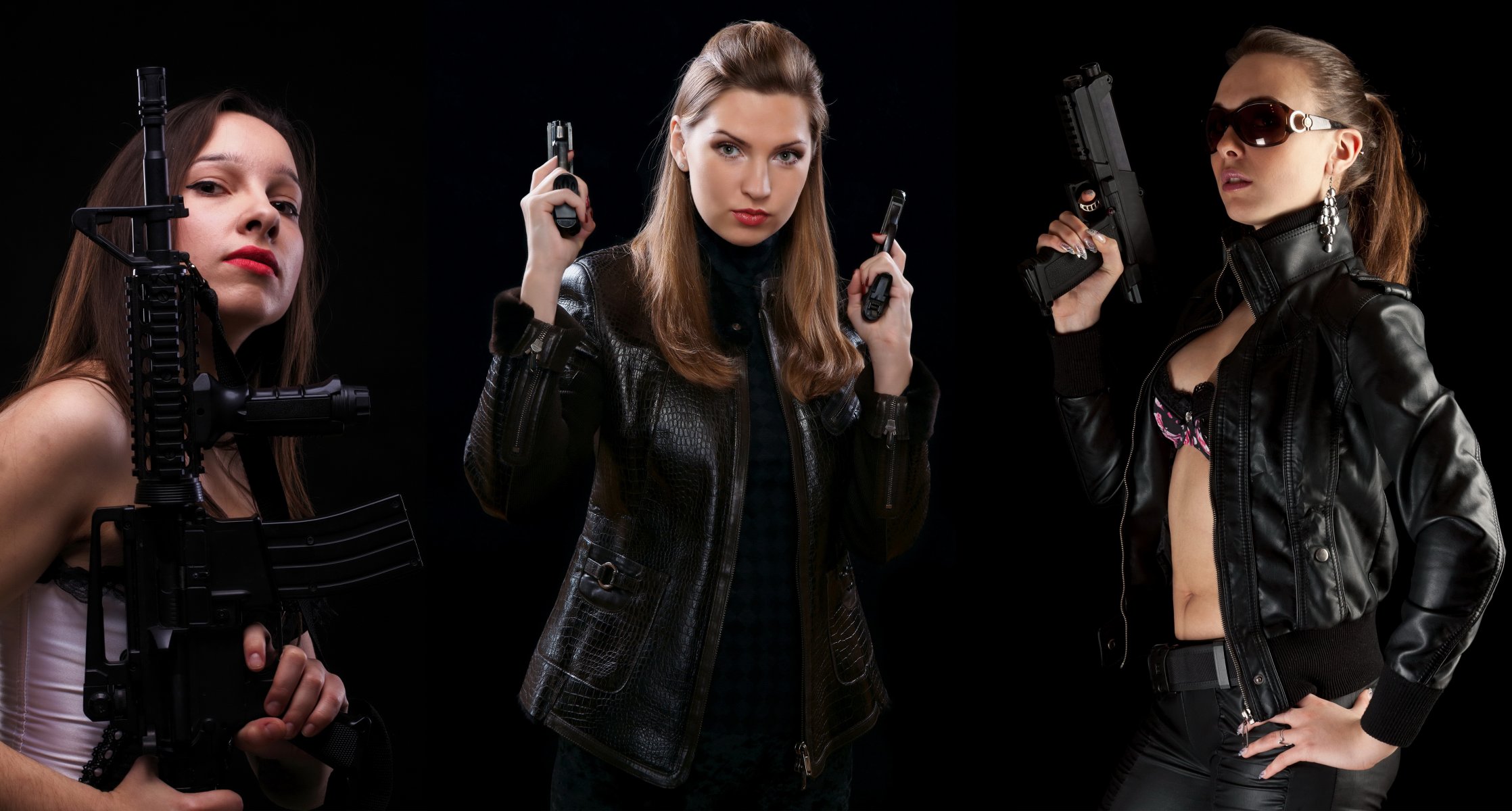 three girls views weapon guns machine style beauty eyes hair arms danger the darkness skin body boobs under a bra belly button earrings leather products jacket sunglasses dark background