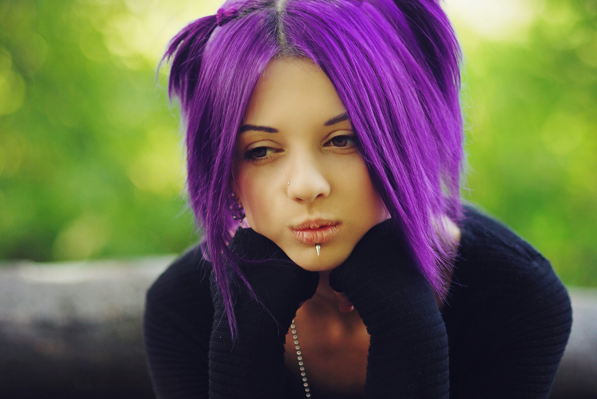 girl face piercing view hair purple