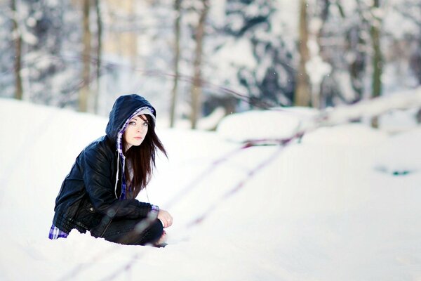 A girl in a jacket in the snow