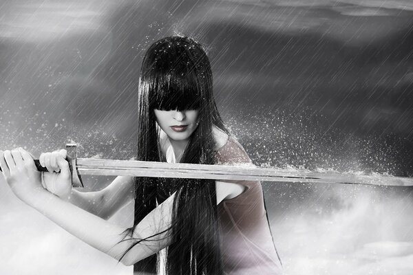 A girl with bangs holds a sword