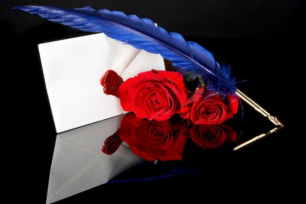 White envelope with roses on a black background