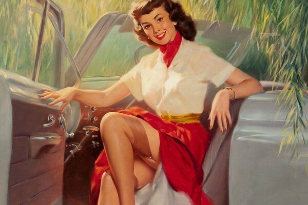 Hermosa chica retro en el coche