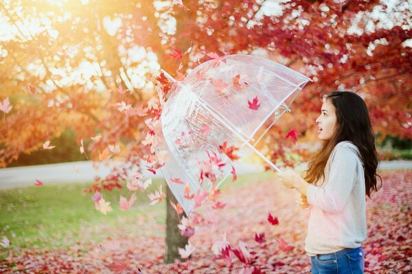 Fille avec un parapluie parmi les feuilles jaunes