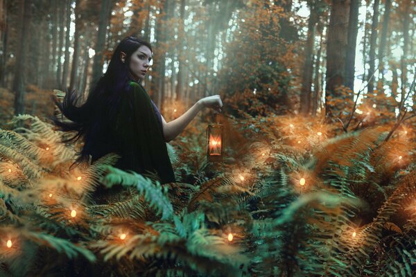 A girl with a lantern in the forest with fireflies