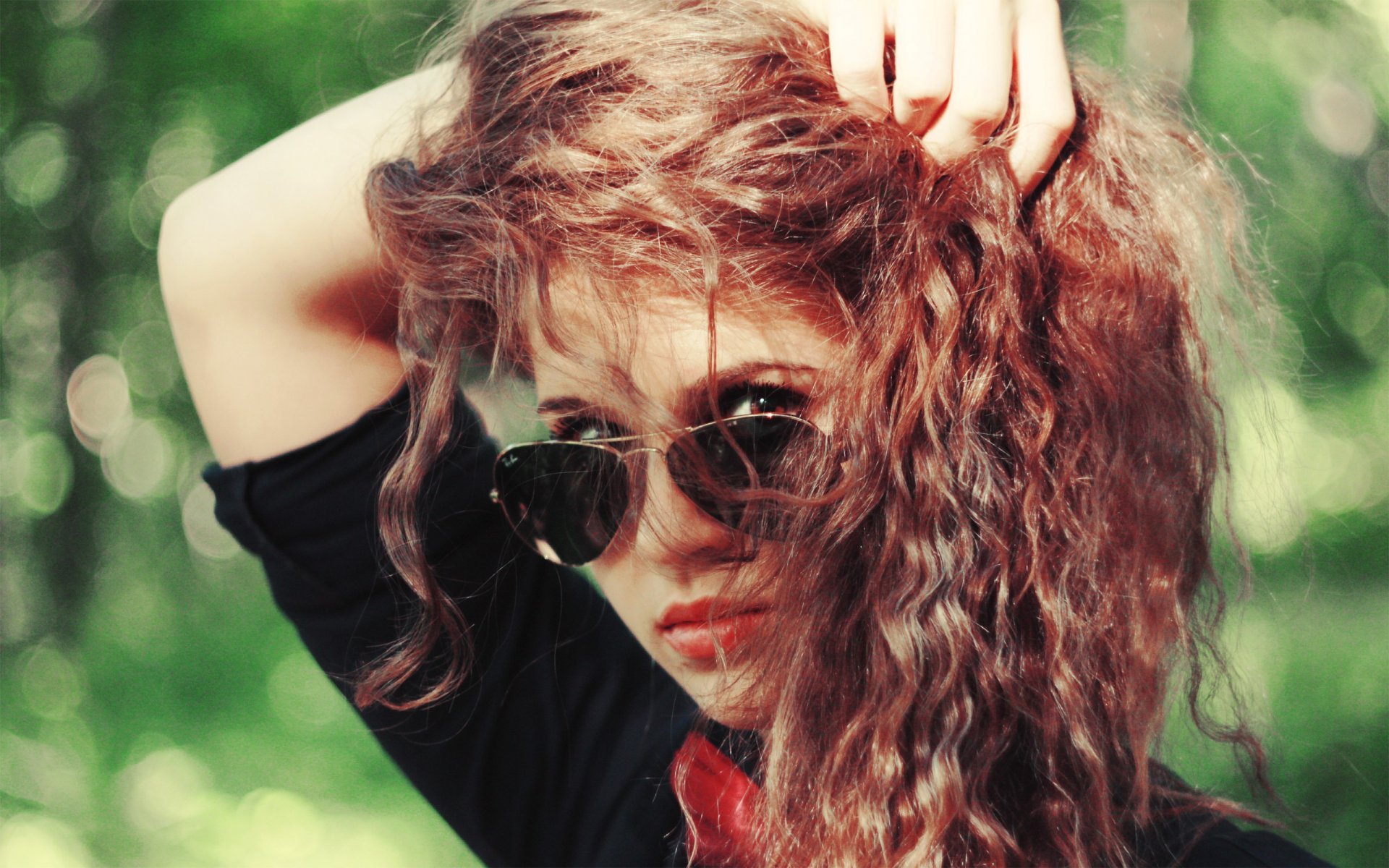 mood girl red curls sunglasses view background wallpaper