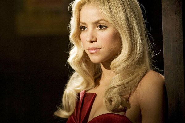 Singer Shakira in a red dress