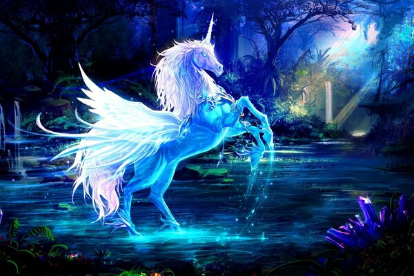 Unicorno magico con le ali in acqua