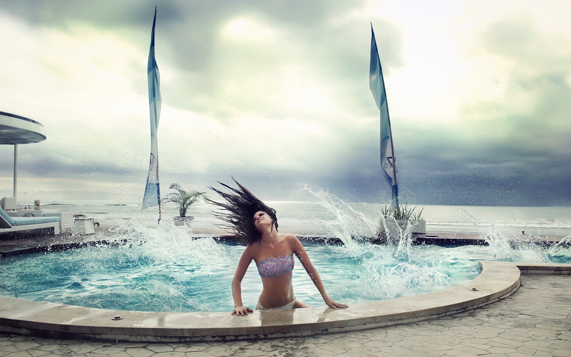 girl swimming pool waves the situation