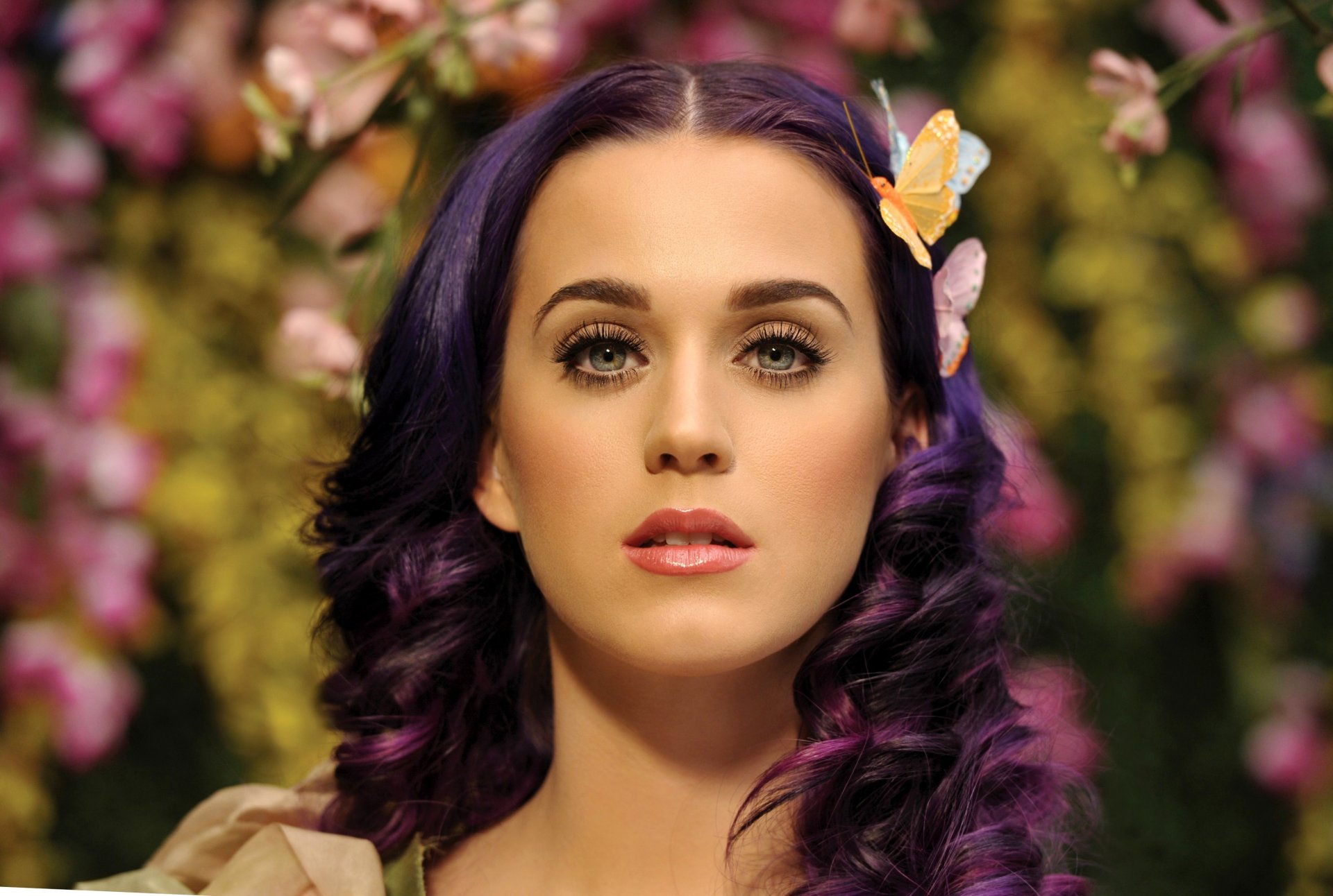 katy perry wide awake cantante chica cara cabello púrpura mariposas