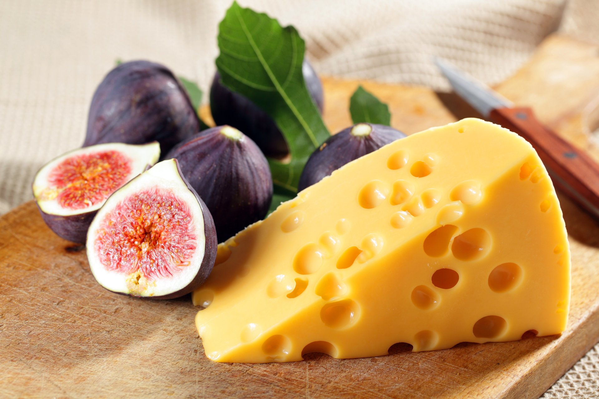 food cheese figs maasdam board knife