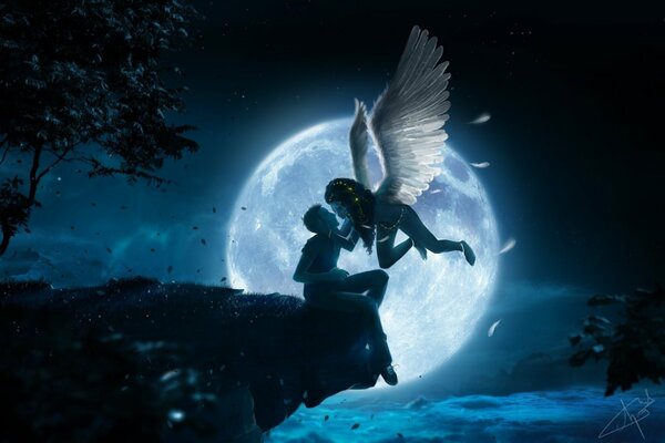 A girl with angel wings kisses a man sitting on a cliff