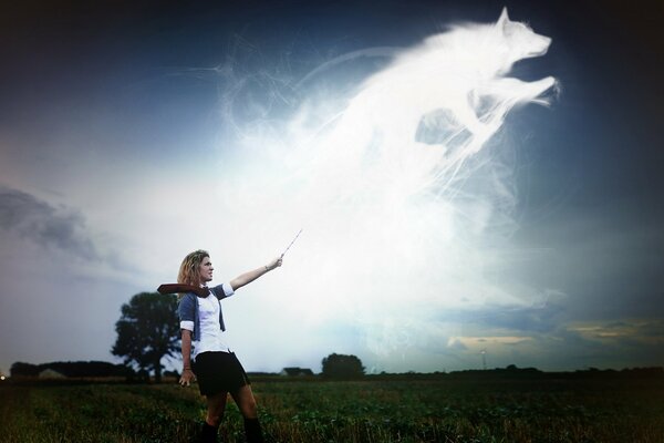 La chica en el campo y la imagen del lobo