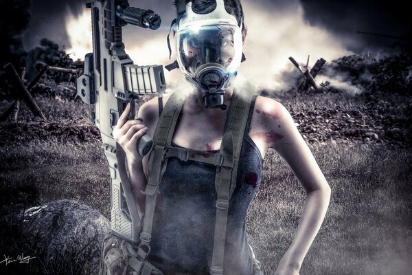 War, a girl in a gas mask