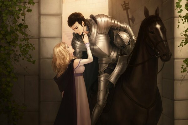 A knight in armor on a horse and a girl