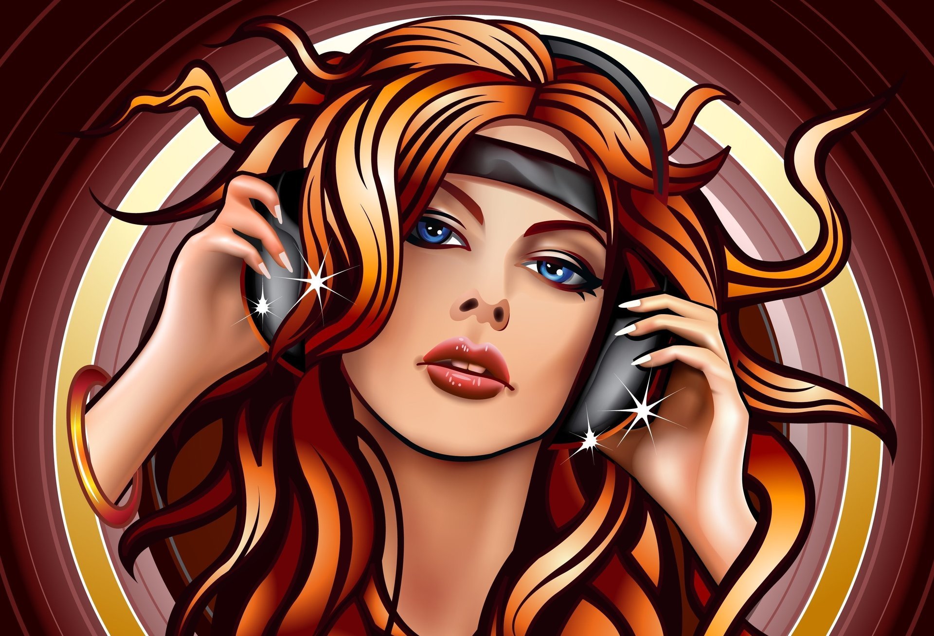 música auriculares vector chica pelo manos mirada