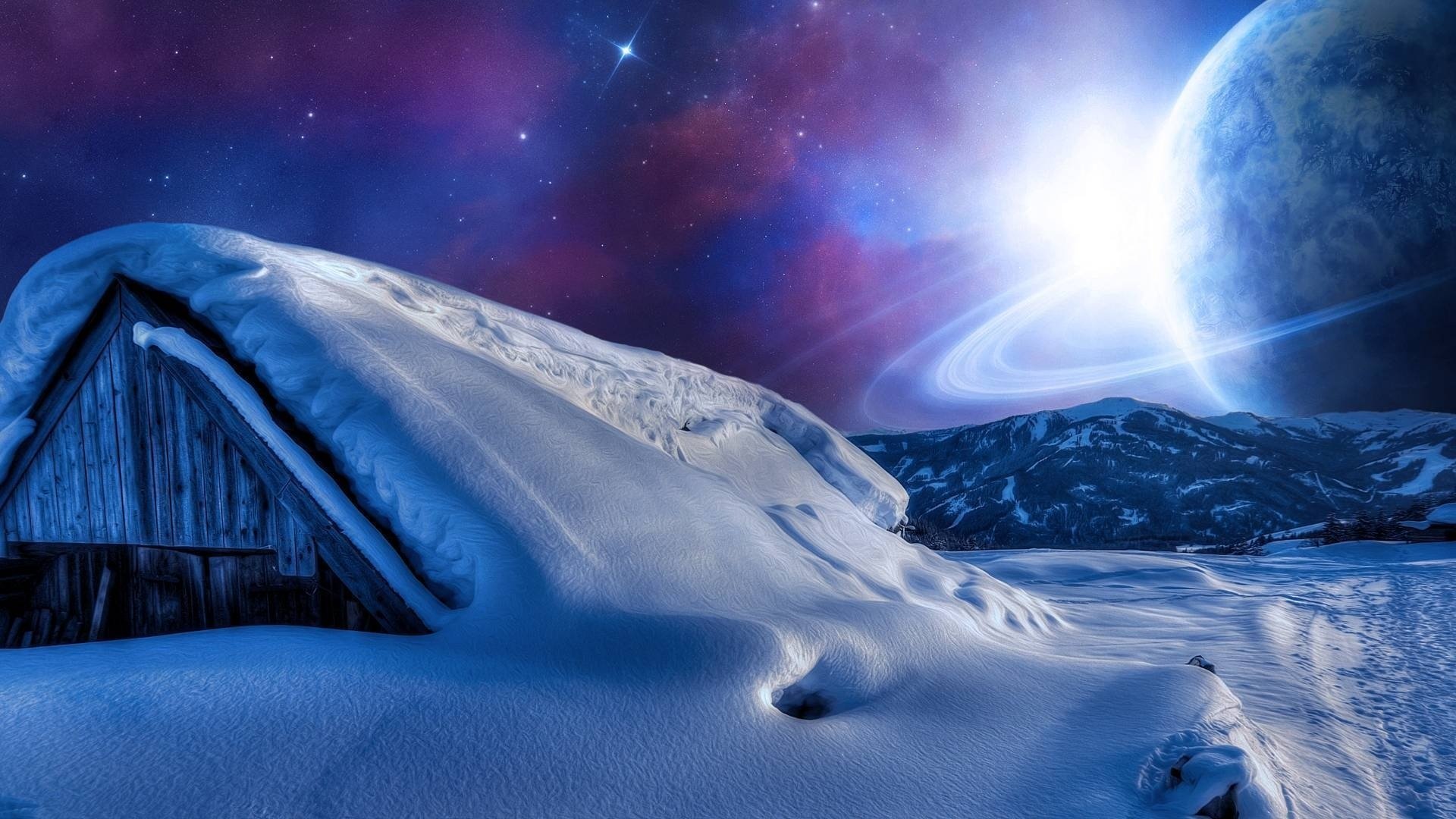 maison planète ciel montagnes étoile neige nuit