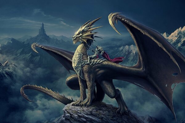 Cavalier sur un dragon sur un rocher sur un fond de tour