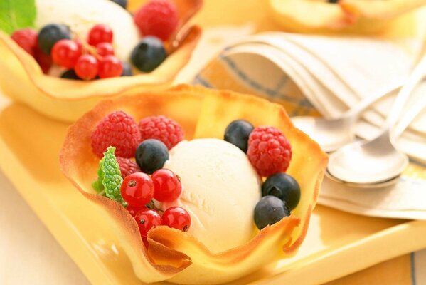 Dessert Eis mit Himbeeren und Johannisbeeren