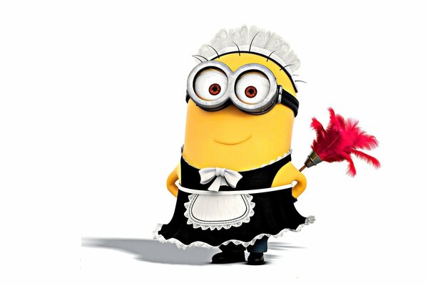 Minion en traje de mucama con cepillo rojo