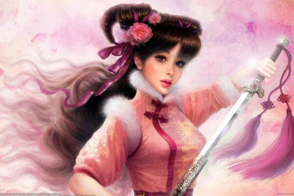 Girl with a sword on a pink background