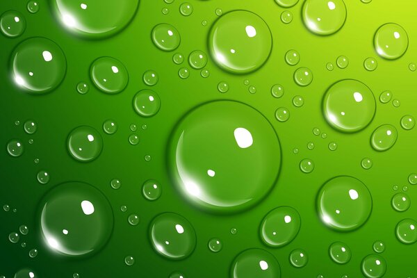 Gocce d acqua volumetriche su sfondo verde