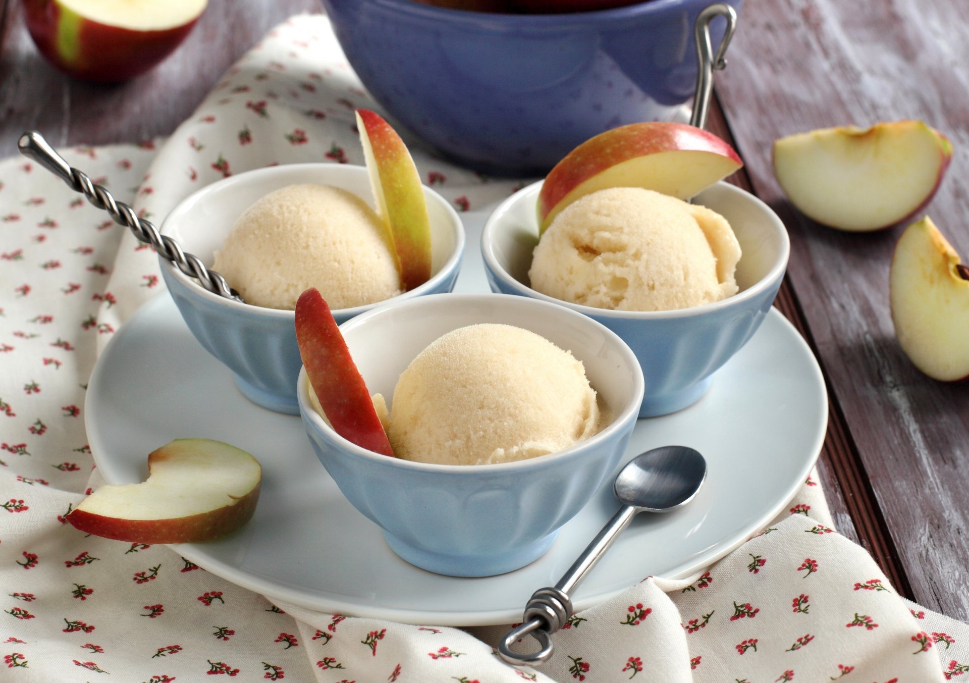 ice cream dessert apples fruits dish spoon