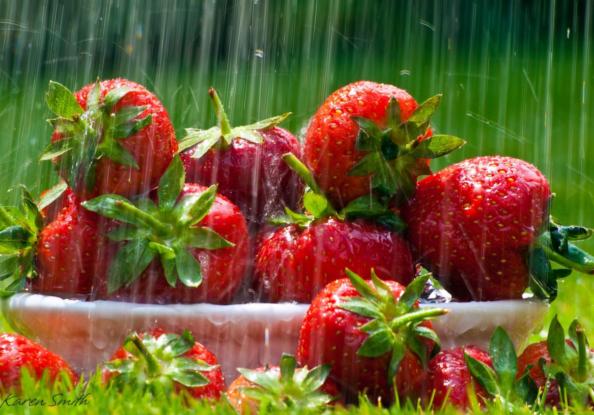 food strawberry plate grass leaves leaves lawn rain drops light rays red