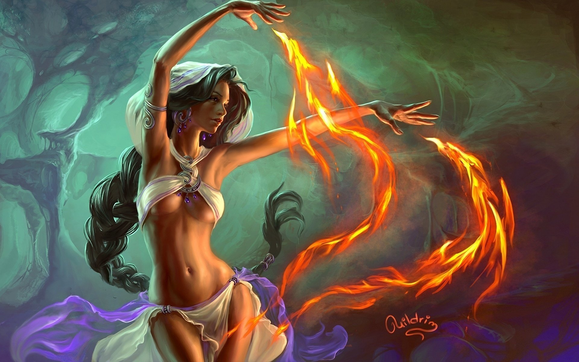 arte magia ragazza uildrim treccia fuoco