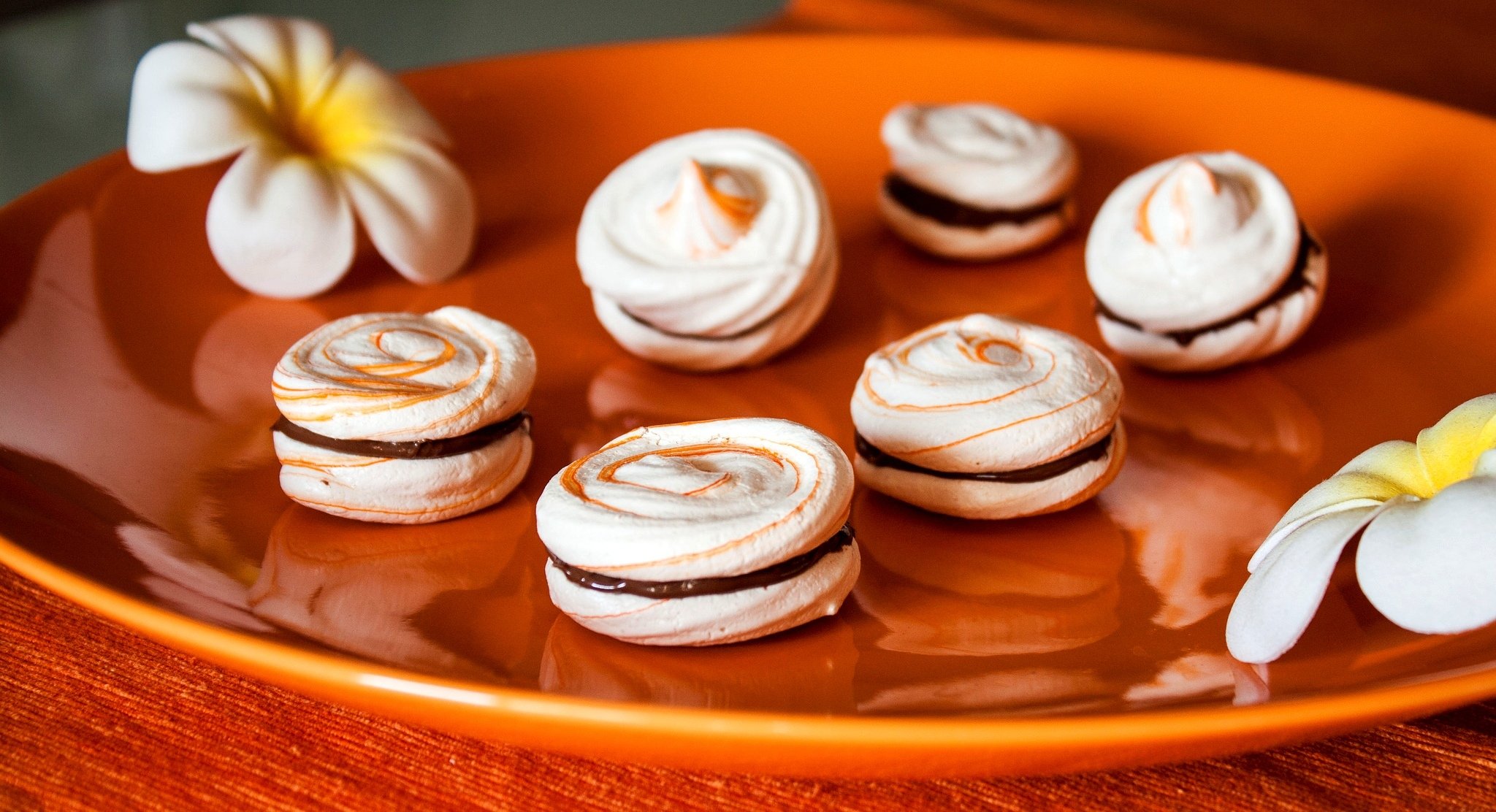 meringues meringue sweets chocolate dessert plate flowers camellia