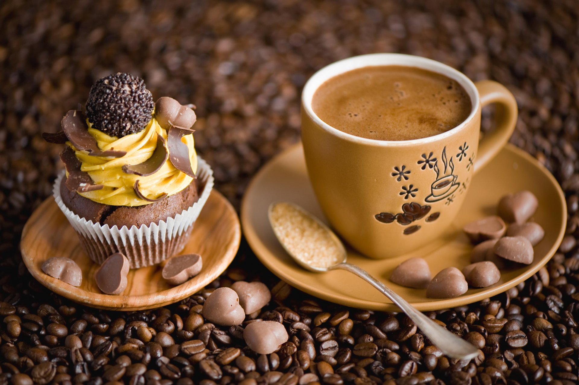 café tasse cuillère sucre gâteau crème cupcake chocolat coeurs