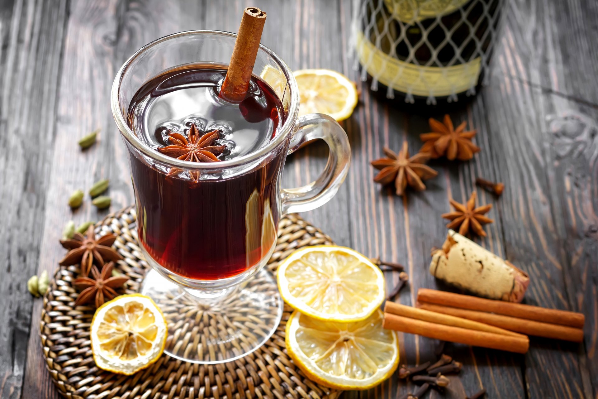 mulled wine drink wine lemon spices sticks cinnamon anise star anise winter