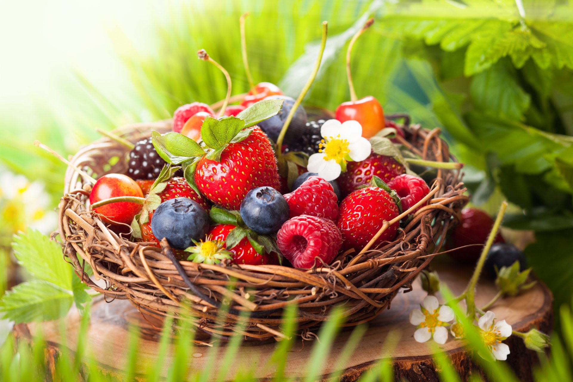 panier feuilles fleurs baies fraises myrtilles framboises mûres cerises