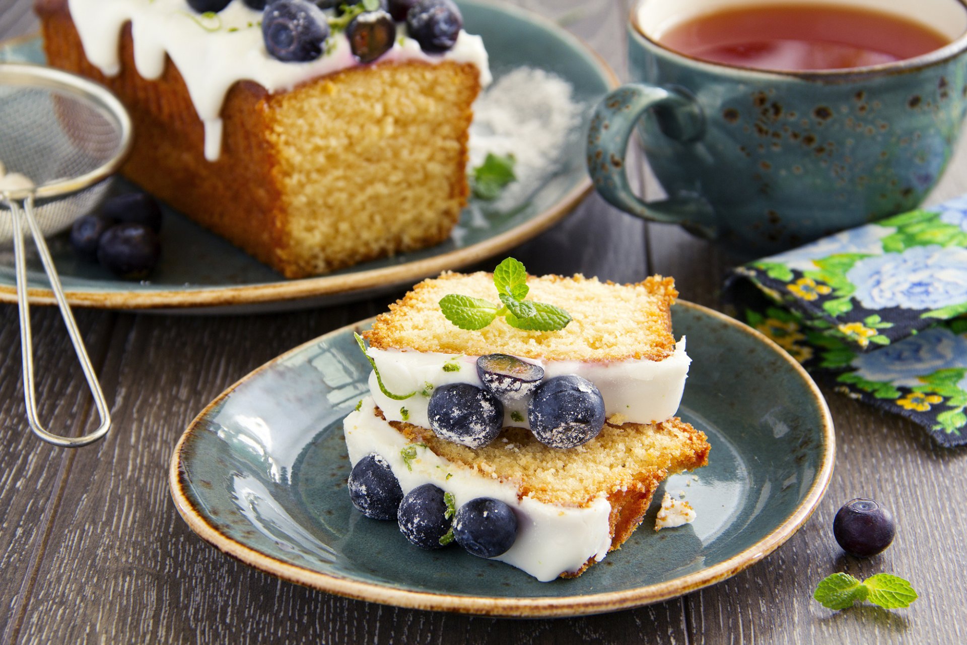 cake blueberries berries mint baking food cup dish strainer