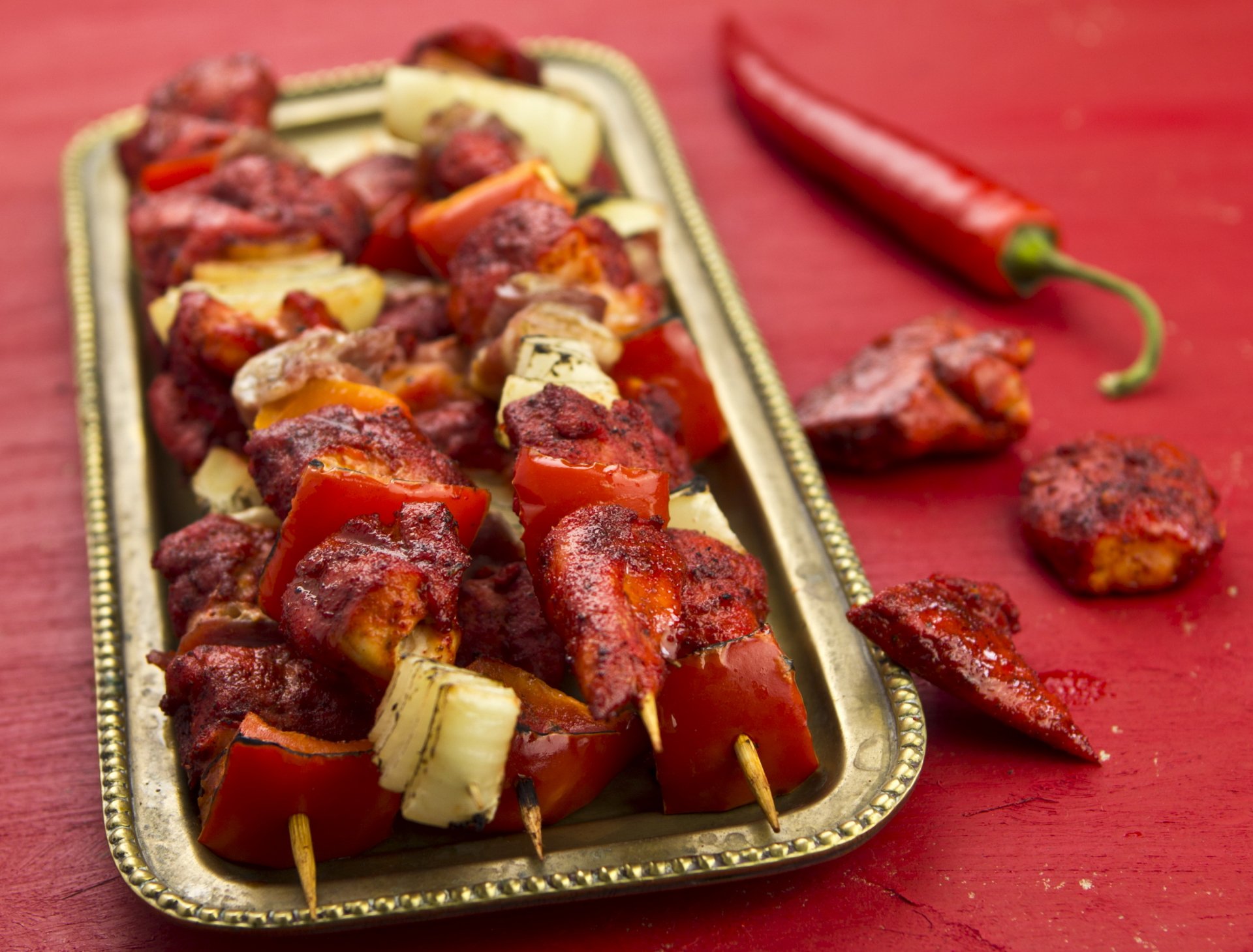 background tray bbq food skewers meat slices tomato hot pepper