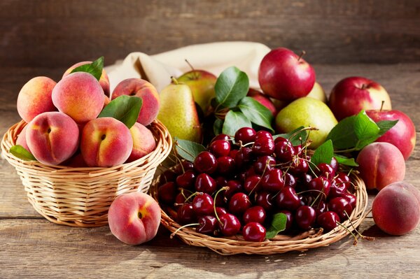 Baskets with cherries, peaches, pears and apples