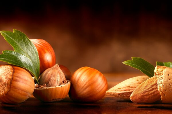 Hazelnuts and almonds with leaves on the table