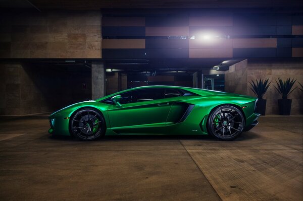 Bright green lamborghini in the garage