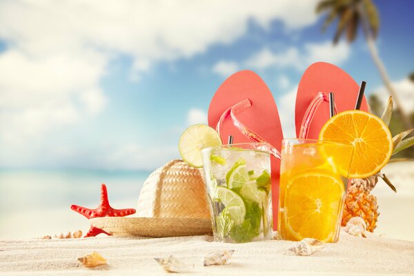 Beach cocktails on clean sand