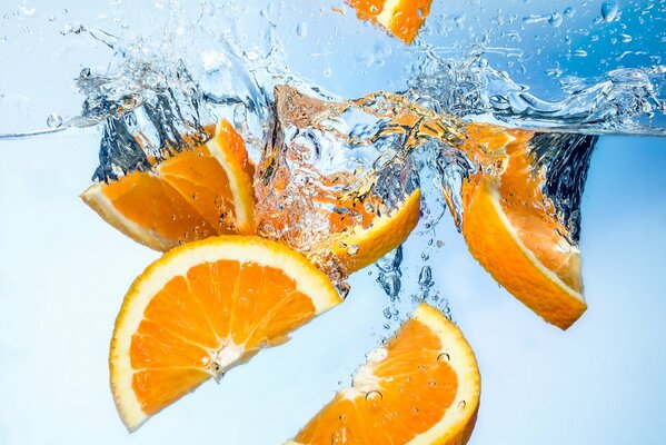 Orange slices fall into the water