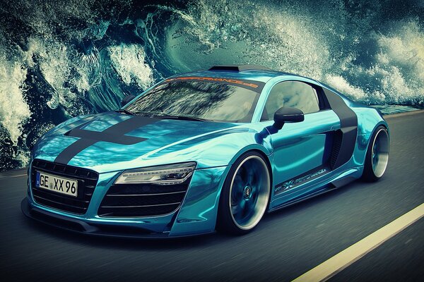 Audi at speed. Through the raging sea