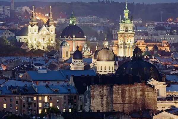 Lviv buildings in the evening