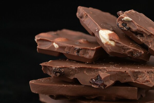 Macro phono of chocolate bars with raisins and nuts