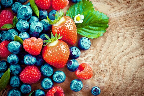 Wild berries on a wooden saw