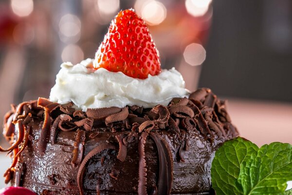 Chocolate dessert with strawberries, served