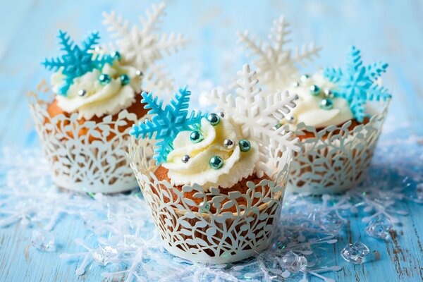 Festive winter muffins with decorative snowflakes