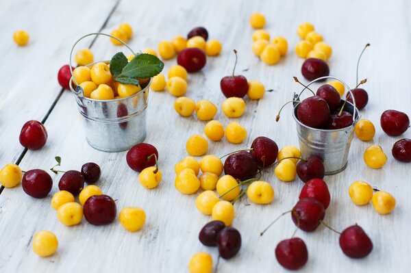 Gelbe und rote Kirschen in zwei kleinen Eimern und in der Nähe verstreut