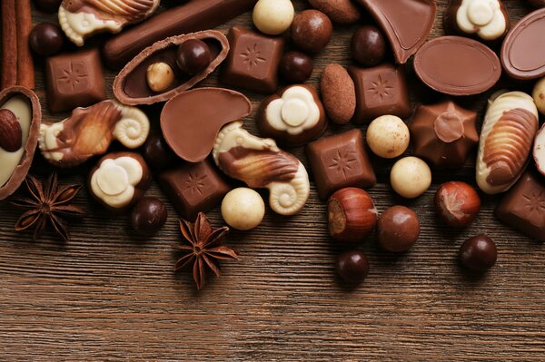 Chocolates with nuts star anise and star anise