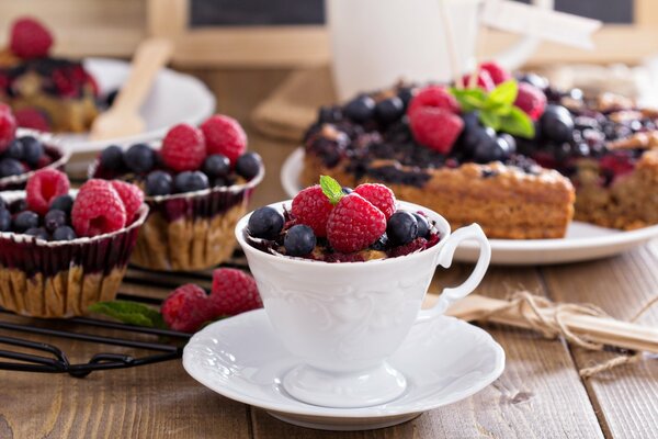 Pie, cupcakes with fruit for breakfast