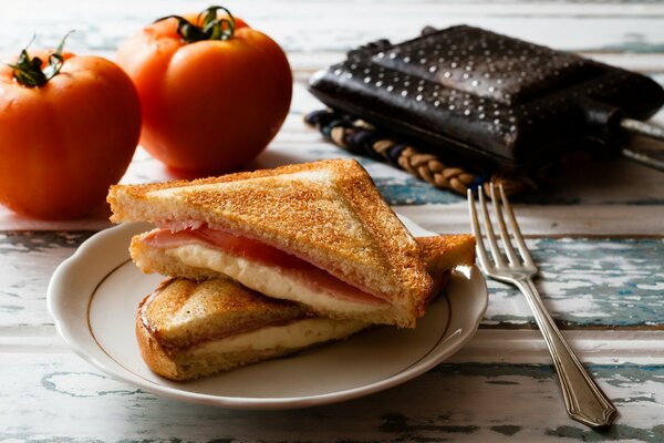 Delicious sandwich of cheese, ham and tomatoes